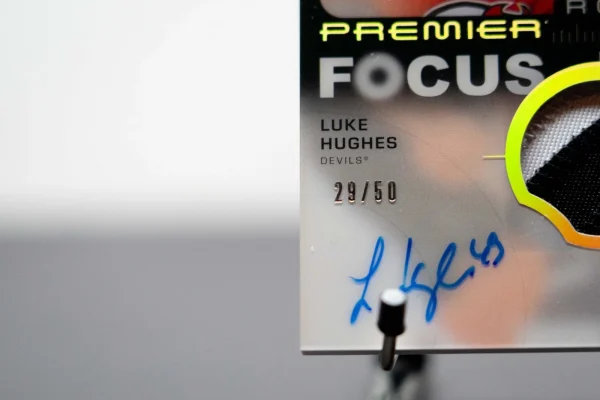 2023-24 Upper Deck Luke Hughes Premier Focus Rookie Patch Auto /50 - Image 3