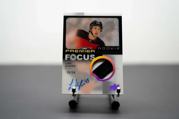 2023-24 Upper Deck Luke Hughes Premier Focus Rookie Patch Auto /50