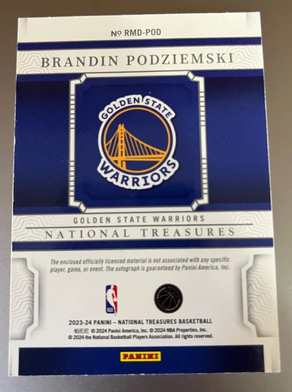 2023 National Treasures Brandin Podziemski Rookie Dual Patch Auto /99 - Image 2