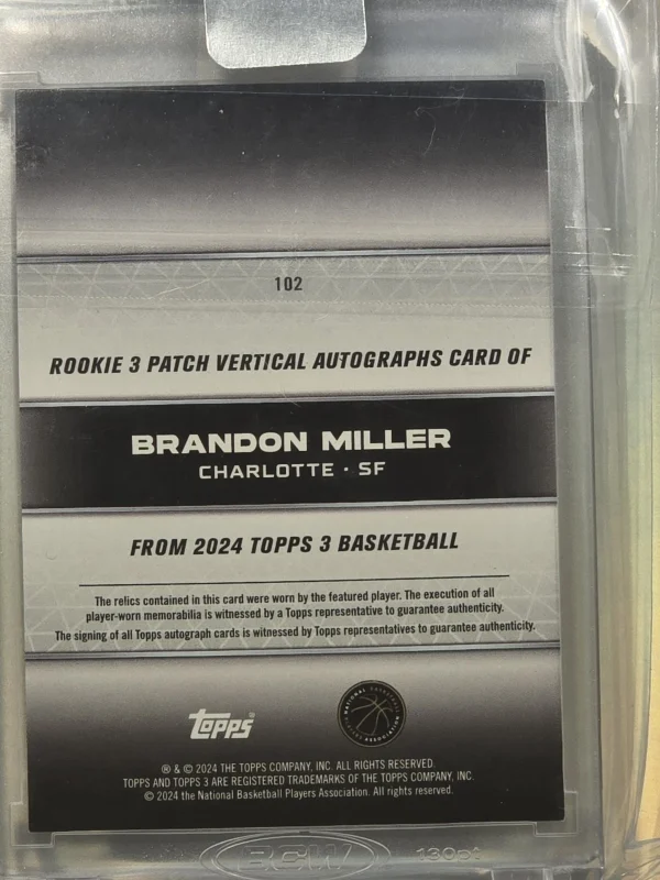 2024 Topps 3 Brandon Miller Rookie 3 Patch Vert Auto /10 - Image 2