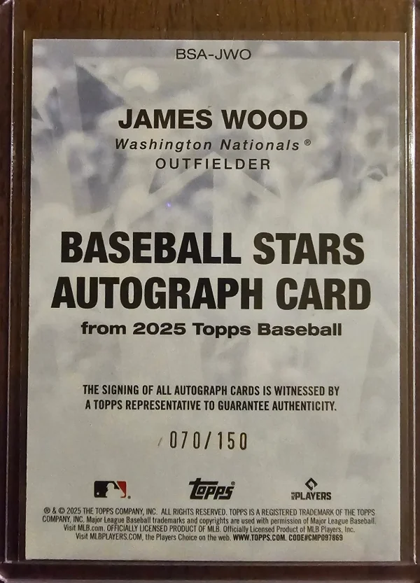2025 Topps Series 1 James Wood Baseball Stars RC Autograph /150 - Image 2